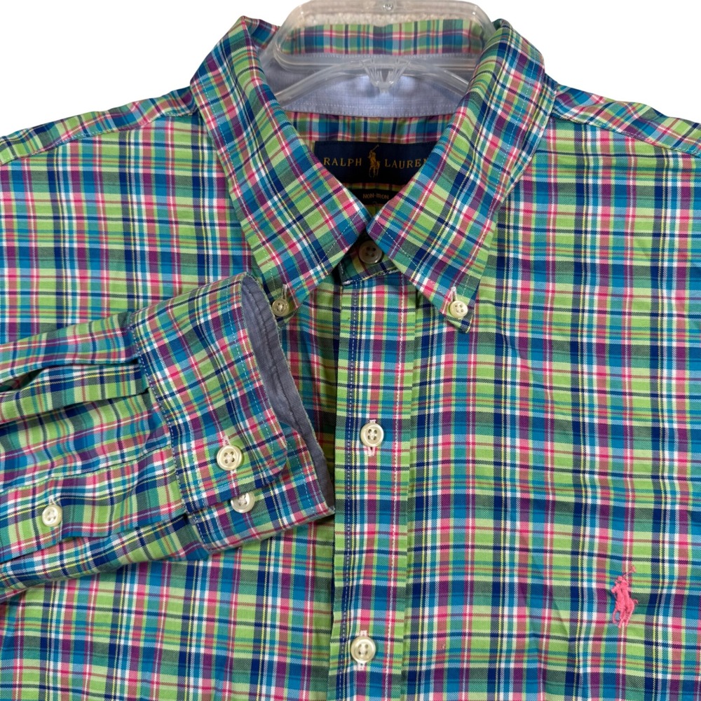 Ralph Lauren Button Down Shirt Mens XL Green Blue Pink Plaid Non-Iron Cotton
